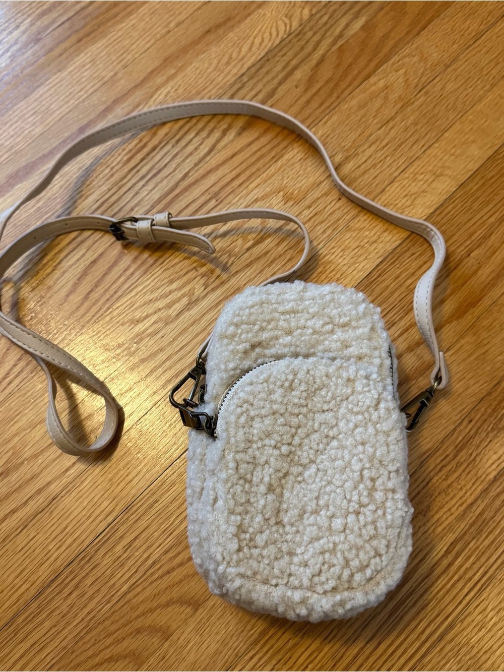 Cream Faux Shearling Crossbody Bag with Adjustable Strap